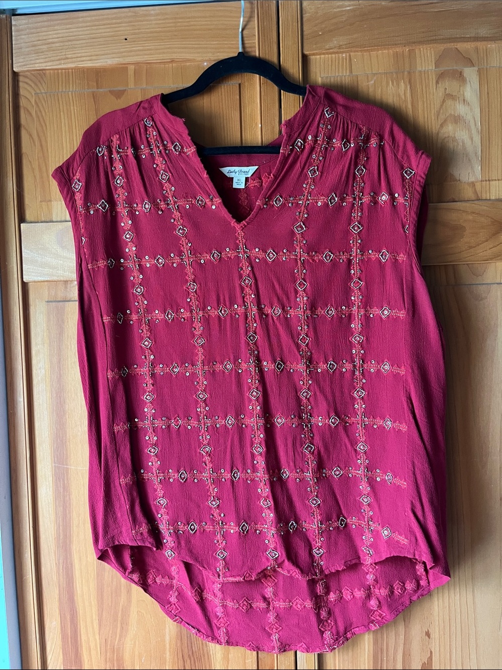 Lucky Brand Raspberry Red Embroidered V-Neck Tunic